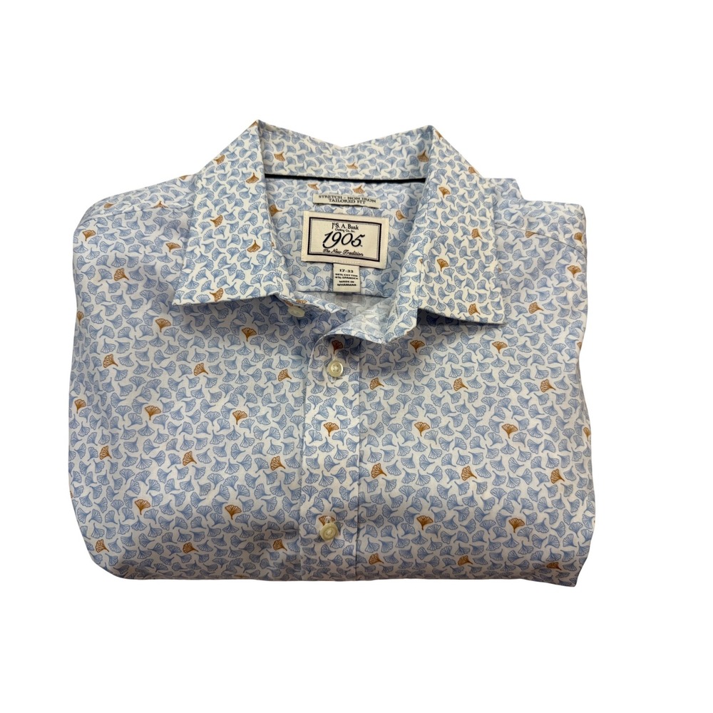 Jos. A. Bank 1905 Dress Shirt Mens 17-33 Blue Ginkgo Tailored Non-Iron Excellent